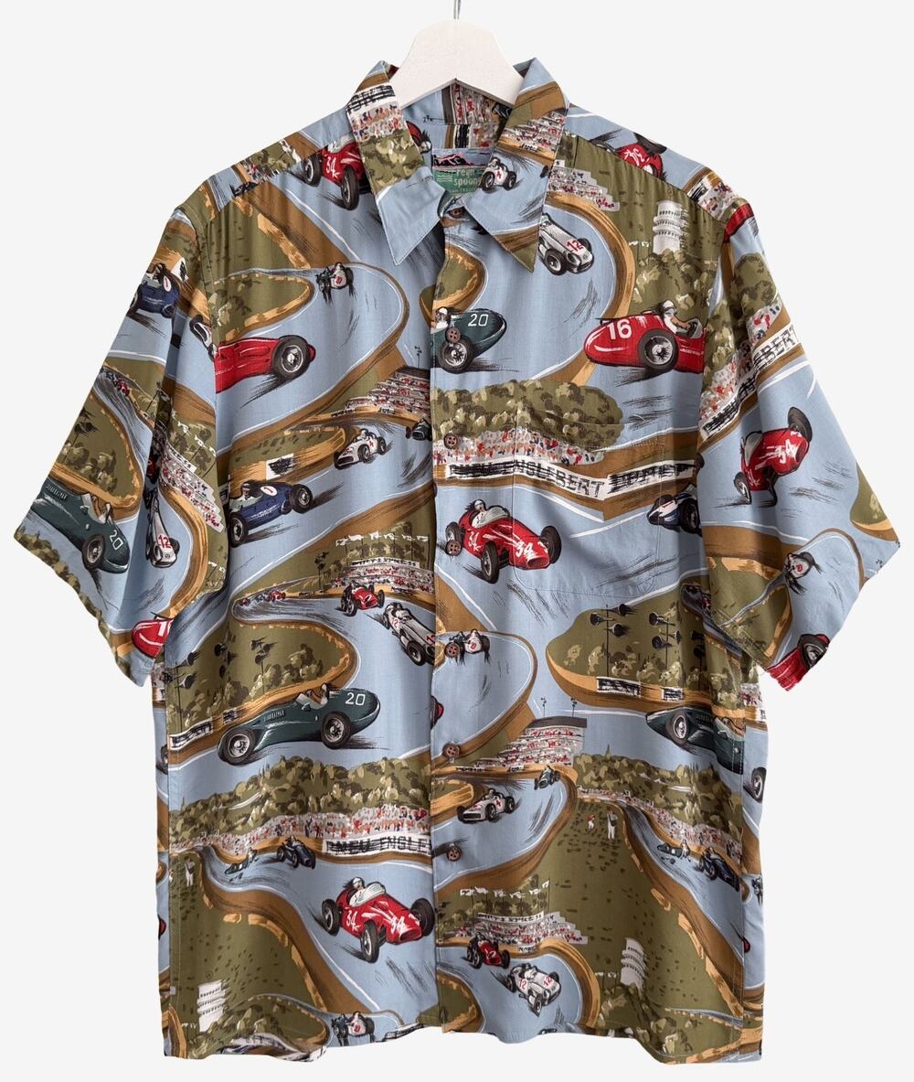 Reyn Spooner Shirt Guts And Glory Hawaiian Aloha Vintage Car Racing Grand Prix M